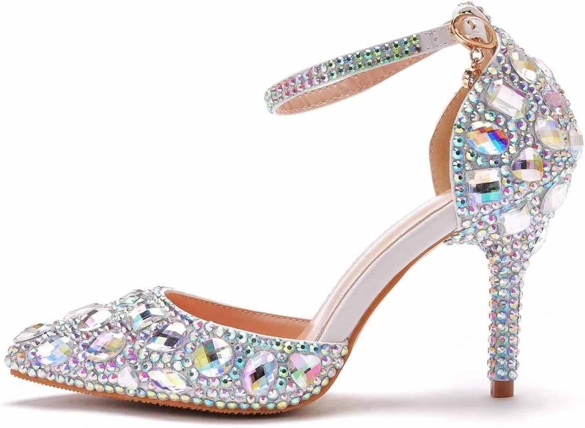 Royal Blue Rhinestone Sandals Thin High Heels Pointed Toe Sandals Blue Crystal Heels Shoes Fashion High Heel Shoes