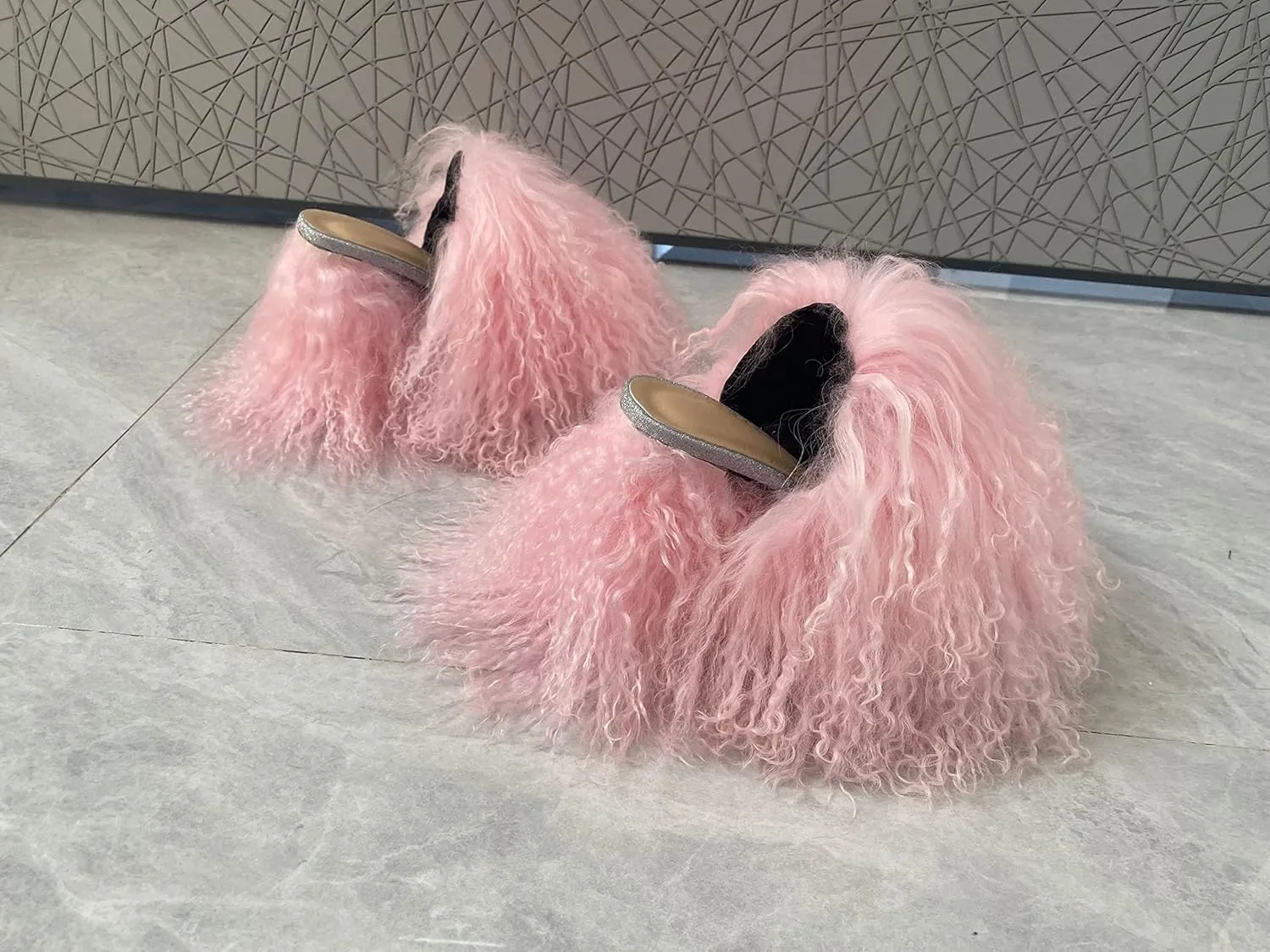 RSN3 Women's Summer High Heels Sandals With Peep Toe Real Mongolian Sheep Curly Fur Slippers Slides for Fashion Lady Girls Party Night Club Shopping Show Summer Shoes Outwear (12, Yellow)