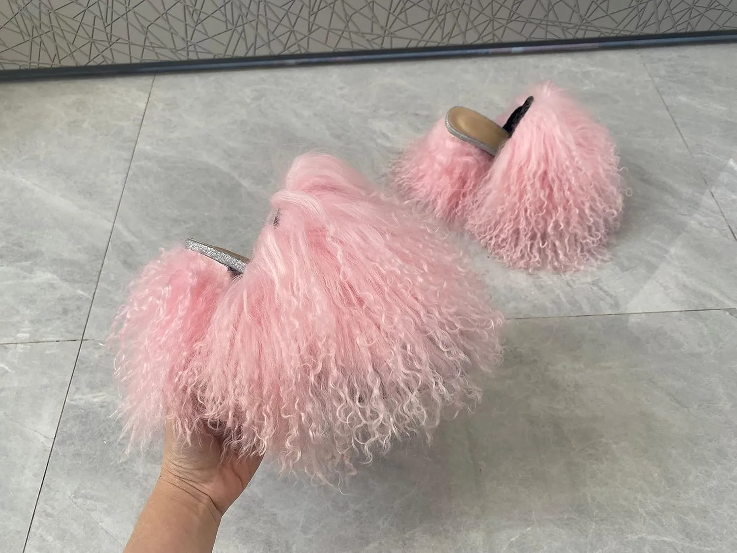 RSN3 Women's Summer High Heels Sandals With Peep Toe Real Mongolian Sheep Curly Fur Slippers Slides for Fashion Lady Girls Party Night Club Shopping Show Summer Shoes Outwear (5, Grey)
