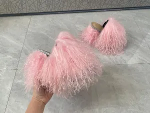 RSN3 Women's Summer High Heels Sandals With Peep Toe Real Mongolian Sheep Curly Fur Slippers Slides for Fashion Lady Girls Party Night Club Shopping Show Summer Shoes Outwear (7, Grey)