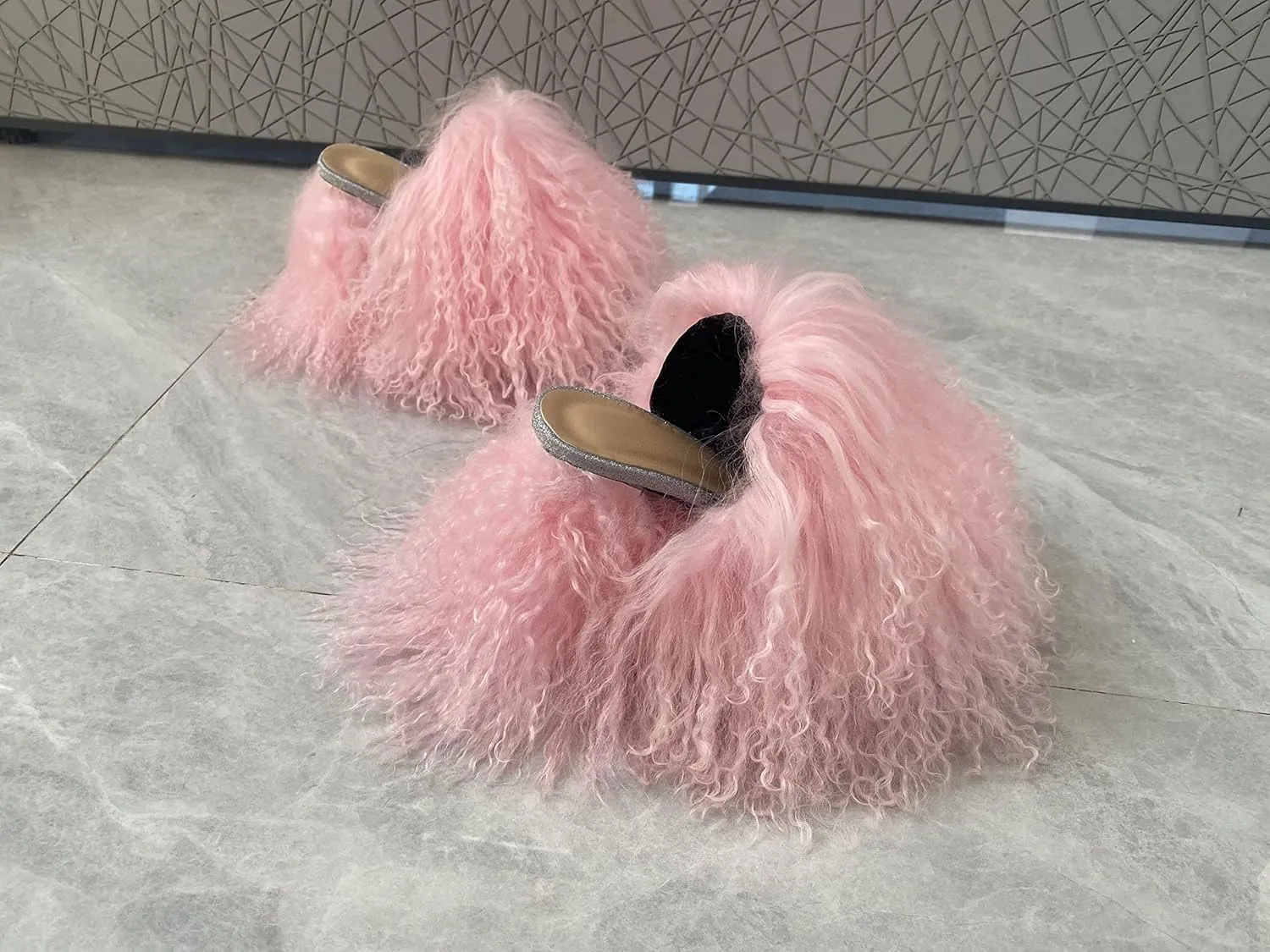 RSN3 Women's Summer High Heels Sandals With Peep Toe Real Mongolian Sheep Curly Fur Slippers Slides for Fashion Lady Girls Party Night Club Shopping Show Summer Shoes Outwear (7, Grey)