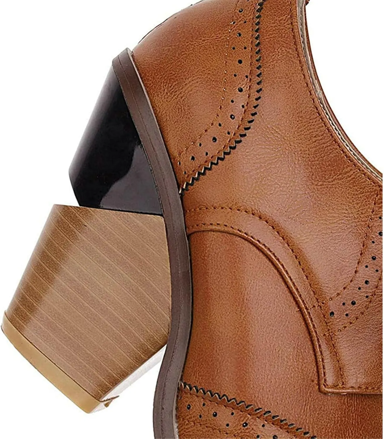 SACFOF Women's Chunky Mid Heel Wingtip Oxfords Round Toe Lace Up Block Heels Vintage Dress Pumps Shoes