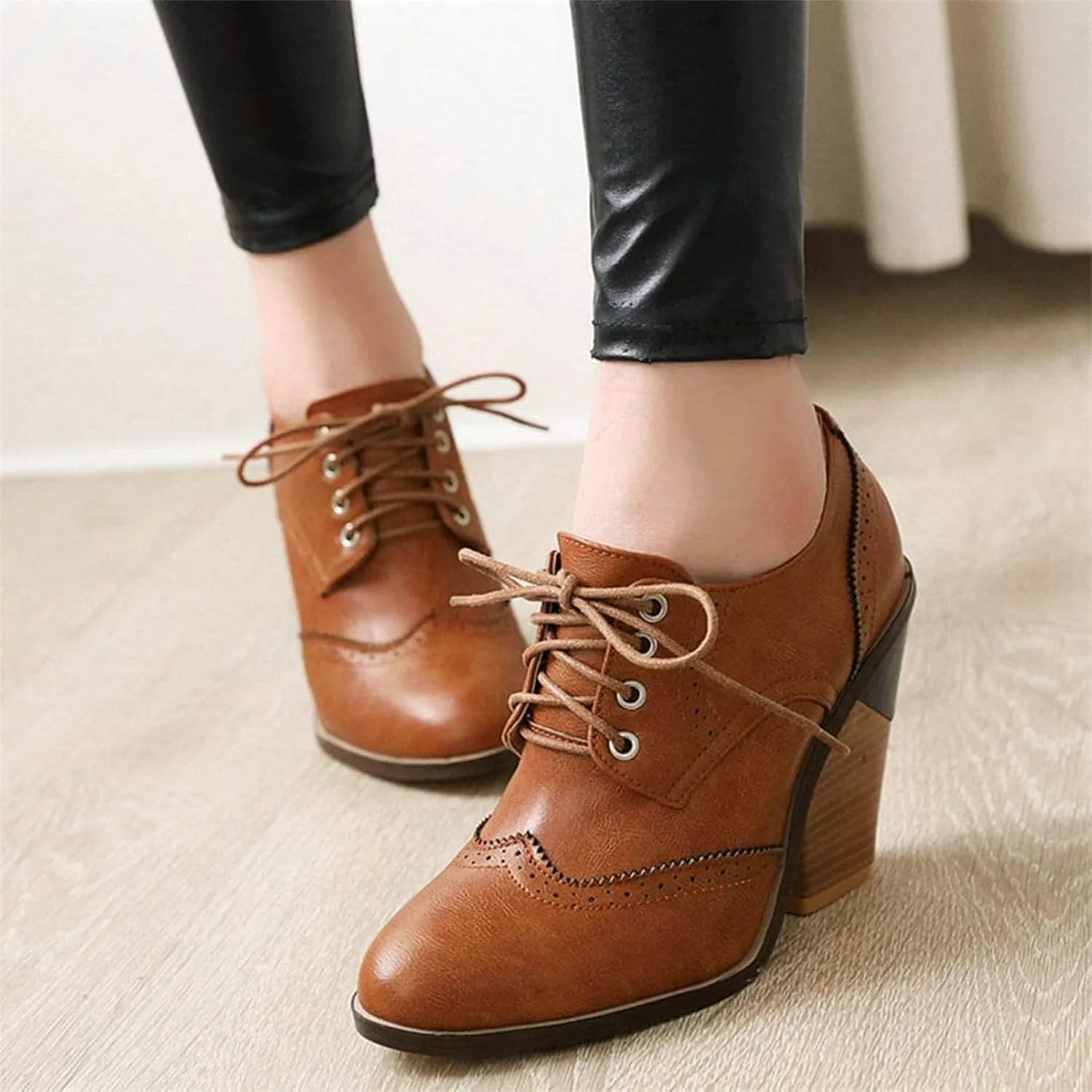 SACFOF Women's Chunky Mid Heel Wingtip Oxfords Round Toe Lace Up Block Heels Vintage Dress Pumps Shoes