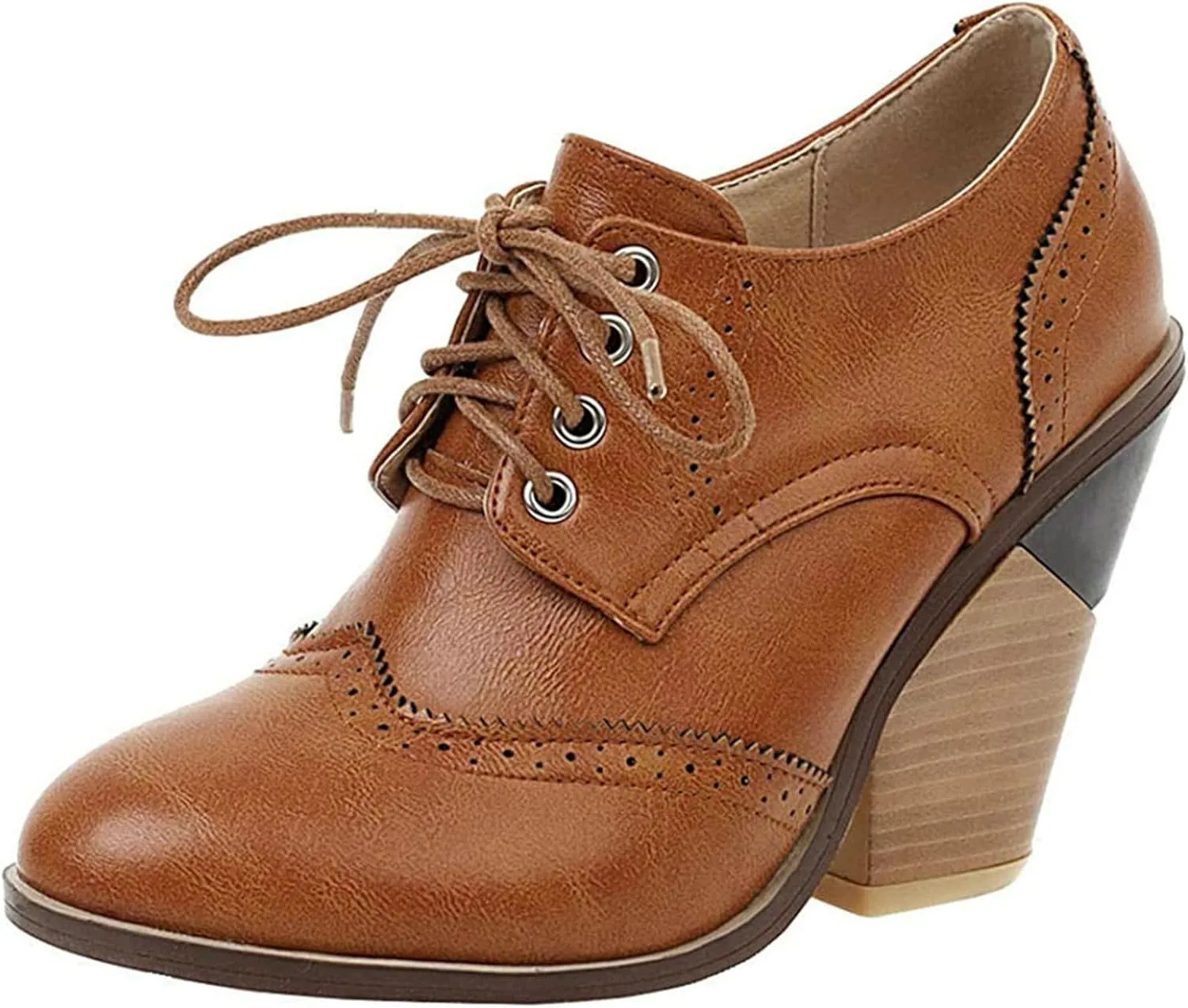 SACFOF Women's Chunky Mid Heel Wingtip Oxfords Round Toe Lace Up Block Heels Vintage Dress Pumps Shoes