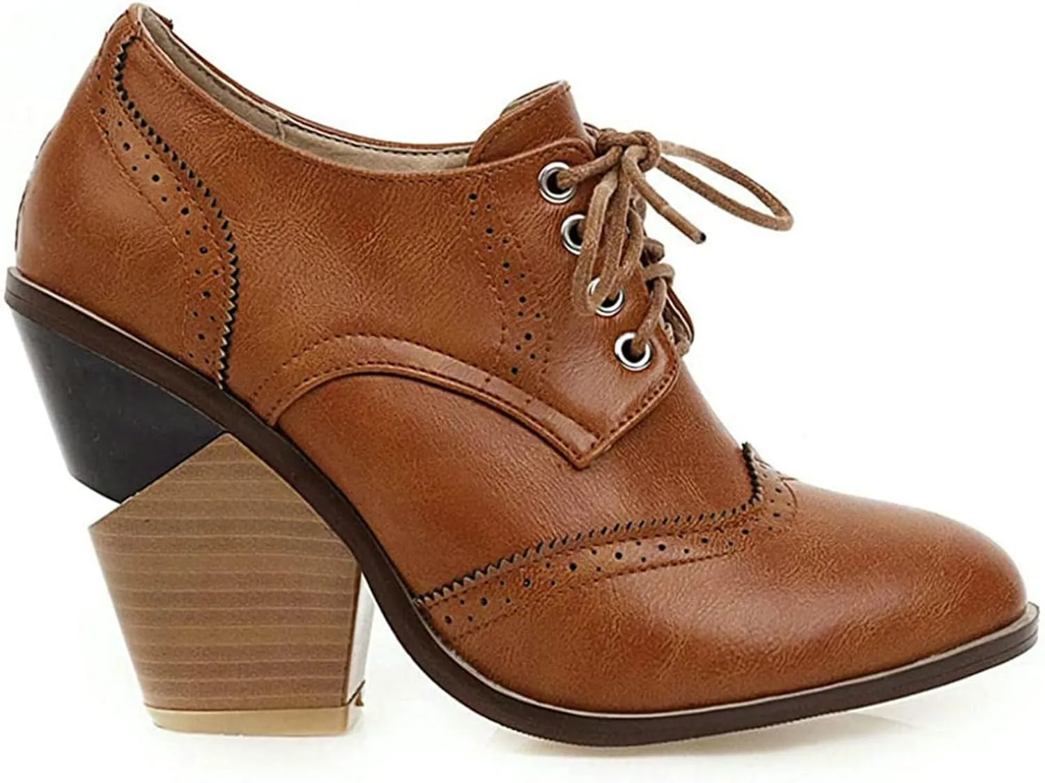 SACFOF Women's Chunky Mid Heel Wingtip Oxfords Round Toe Lace Up Block Heels Vintage Dress Pumps Shoes
