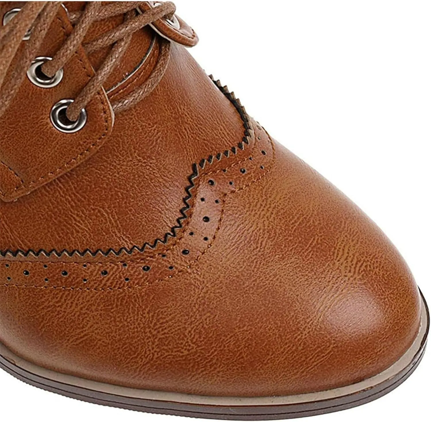 SACFOF Women's Chunky Mid Heel Wingtip Oxfords Round Toe Lace Up Block Heels Vintage Dress Pumps Shoes