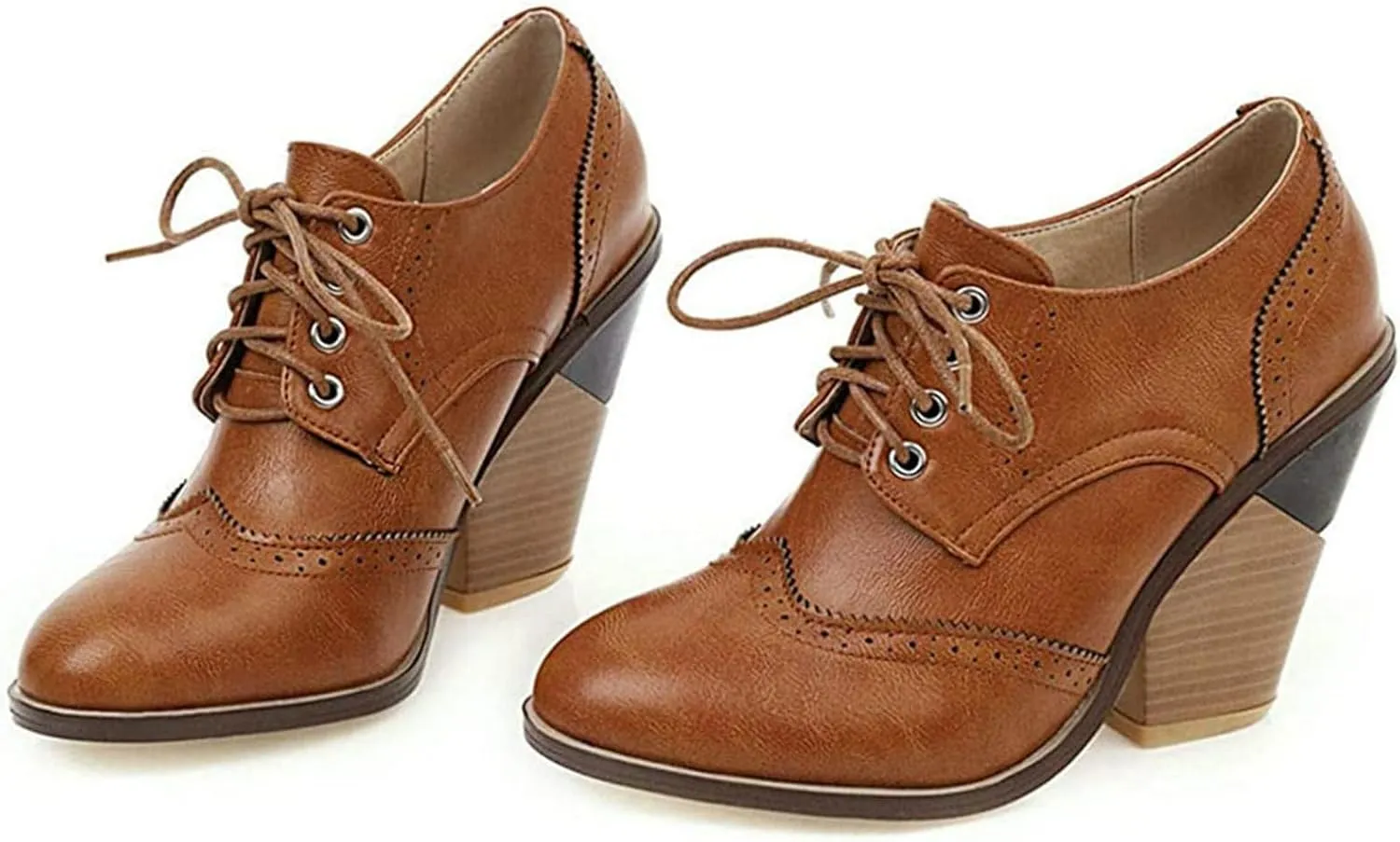 SACFOF Women's Chunky Mid Heel Wingtip Oxfords Round Toe Lace Up Block Heels Vintage Dress Pumps Shoes