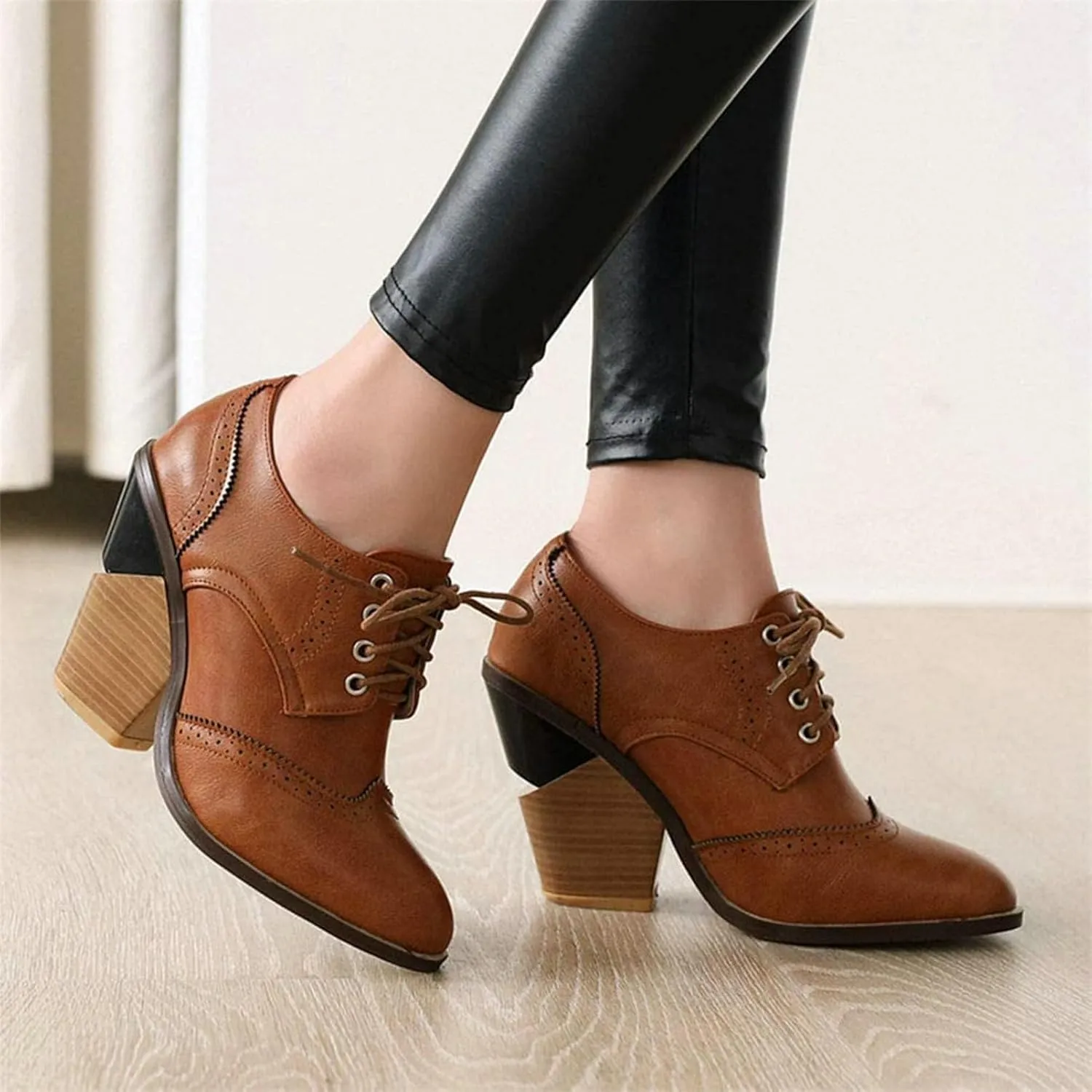SACFOF Women's Chunky Mid Heel Wingtip Oxfords Round Toe Lace Up Block Heels Vintage Dress Pumps Shoes