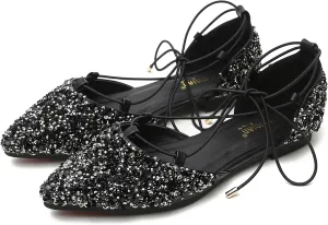 SAFECAMS Women's Sparkly Rhinestone Lace-up Ballet Flats,Pointed Toe Glisten Slip-on Flat D'Orsay Shoes for Women Dressy Comfort Strappy Shoes