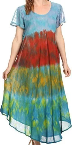 Sakkas Kaylaye Long Tie Dye Ombre Embroidered Cap Sleeve Caftan Dress/Cover Up