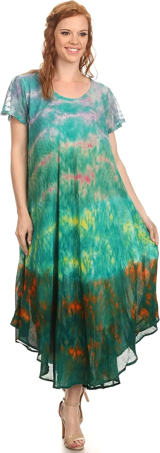 Sakkas Kaylaye Long Tie Dye Ombre Embroidered Cap Sleeve Caftan Dress/Cover Up