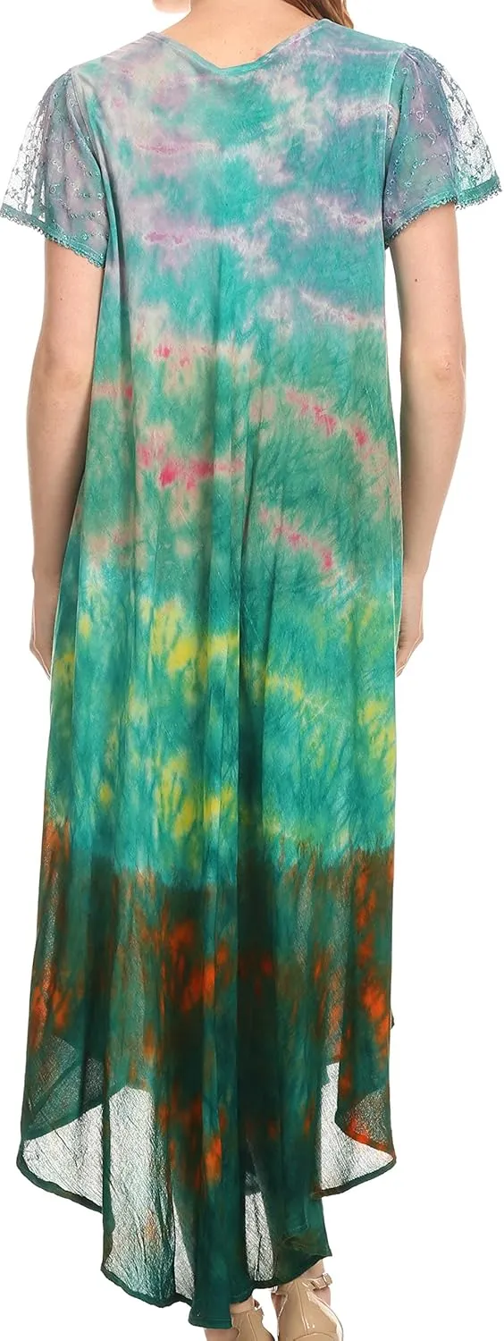 Sakkas Kaylaye Long Tie Dye Ombre Embroidered Cap Sleeve Caftan Dress/Cover Up