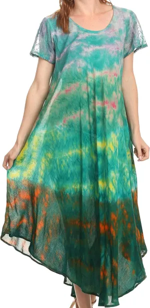 Sakkas Kaylaye Long Tie Dye Ombre Embroidered Cap Sleeve Caftan Dress/Cover Up