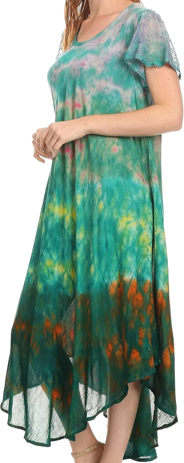 Sakkas Kaylaye Long Tie Dye Ombre Embroidered Cap Sleeve Caftan Dress/Cover Up