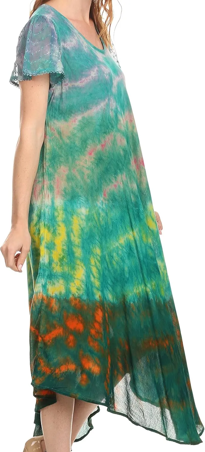 Sakkas Kaylaye Long Tie Dye Ombre Embroidered Cap Sleeve Caftan Dress/Cover Up