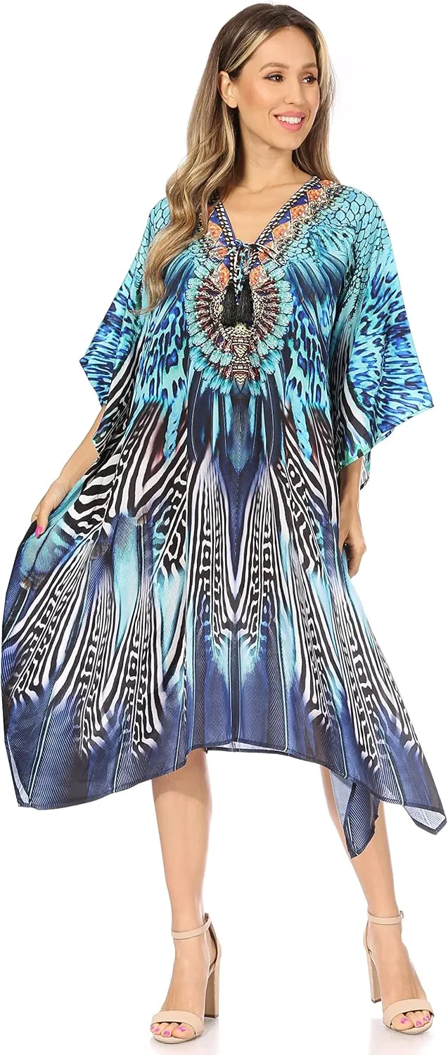 Sakkas Kristy Long Tall Lightweight Caftan Dress/Cover Up with V-Neck Jewels