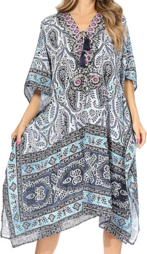 Sakkas Kristy Long Tall Lightweight Caftan Dress/Cover Up with V-Neck Jewels