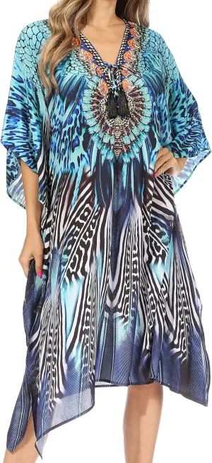 Sakkas Kristy Long Tall Lightweight Caftan Dress/Cover Up with V-Neck Jewels