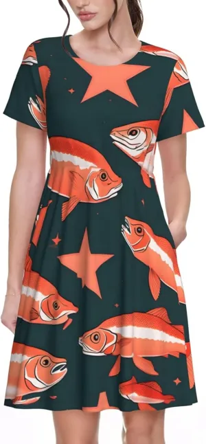 Salmon Women's Summer Casual T-Shirt Dress for Picnic, Vacation Short Sleeve Swing Dresses S-3xl