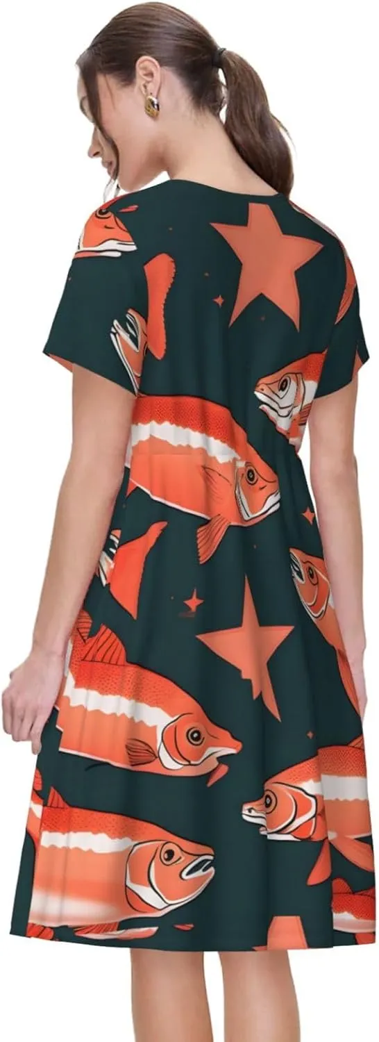 Salmon Women's Summer Casual T-Shirt Dress for Picnic, Vacation Short Sleeve Swing Dresses S-3xl
