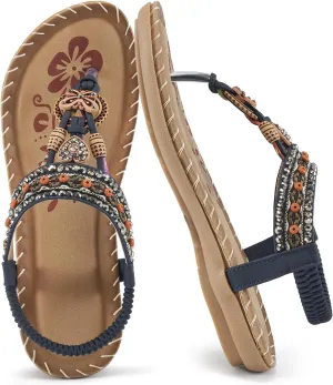 Sandals Women Dressy Flats: Bohemian Flat Sandals for Women Comfortable Summer Casual Flip Flops Elastic Ankle Strap