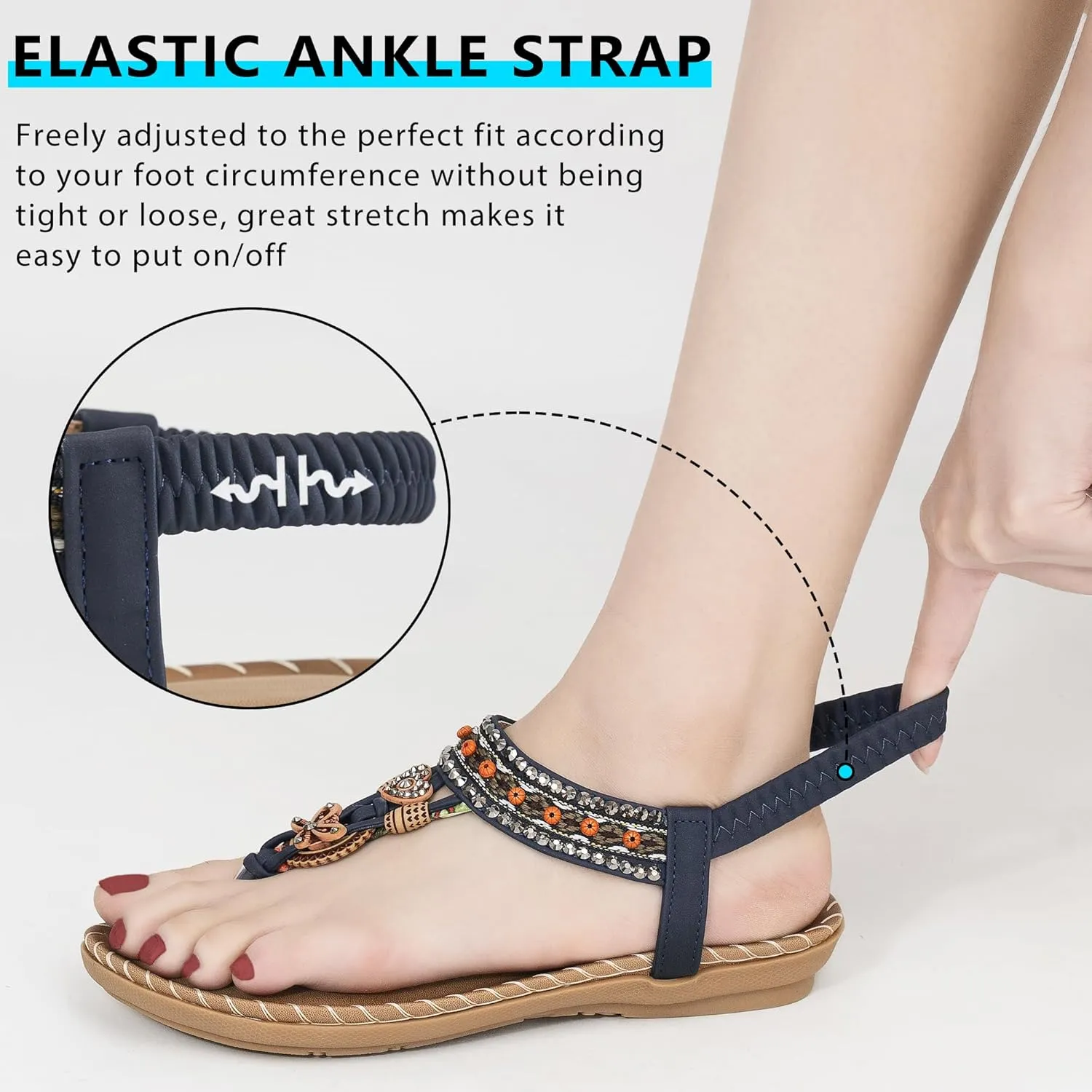 Sandals Women Dressy Flats: Bohemian Flat Sandals for Women Comfortable Summer Casual Flip Flops Elastic Ankle Strap