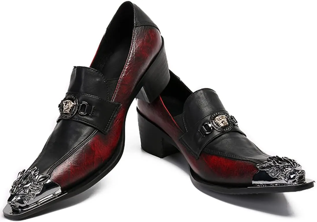 Santimon Men's Leather Loafers Lion Metal Tip Western Slip-On Beaded Crystals Fashion Party Ballroom Wedding Shoes