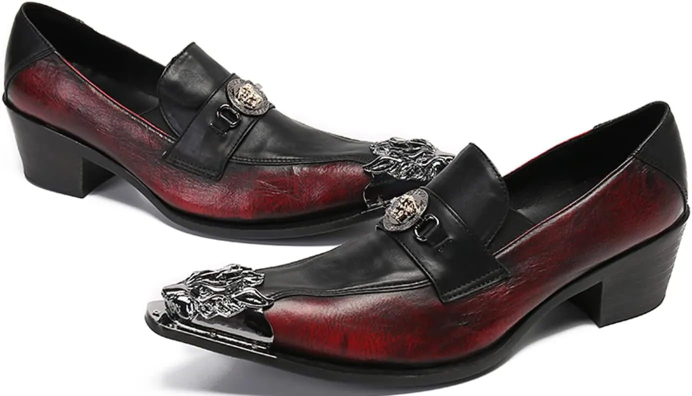 Santimon Men's Leather Loafers Lion Metal Tip Western Slip-On Beaded Crystals Fashion Party Ballroom Wedding Shoes