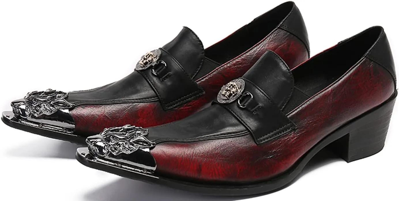 Santimon Men's Leather Loafers Lion Metal Tip Western Slip-On Beaded Crystals Fashion Party Ballroom Wedding Shoes