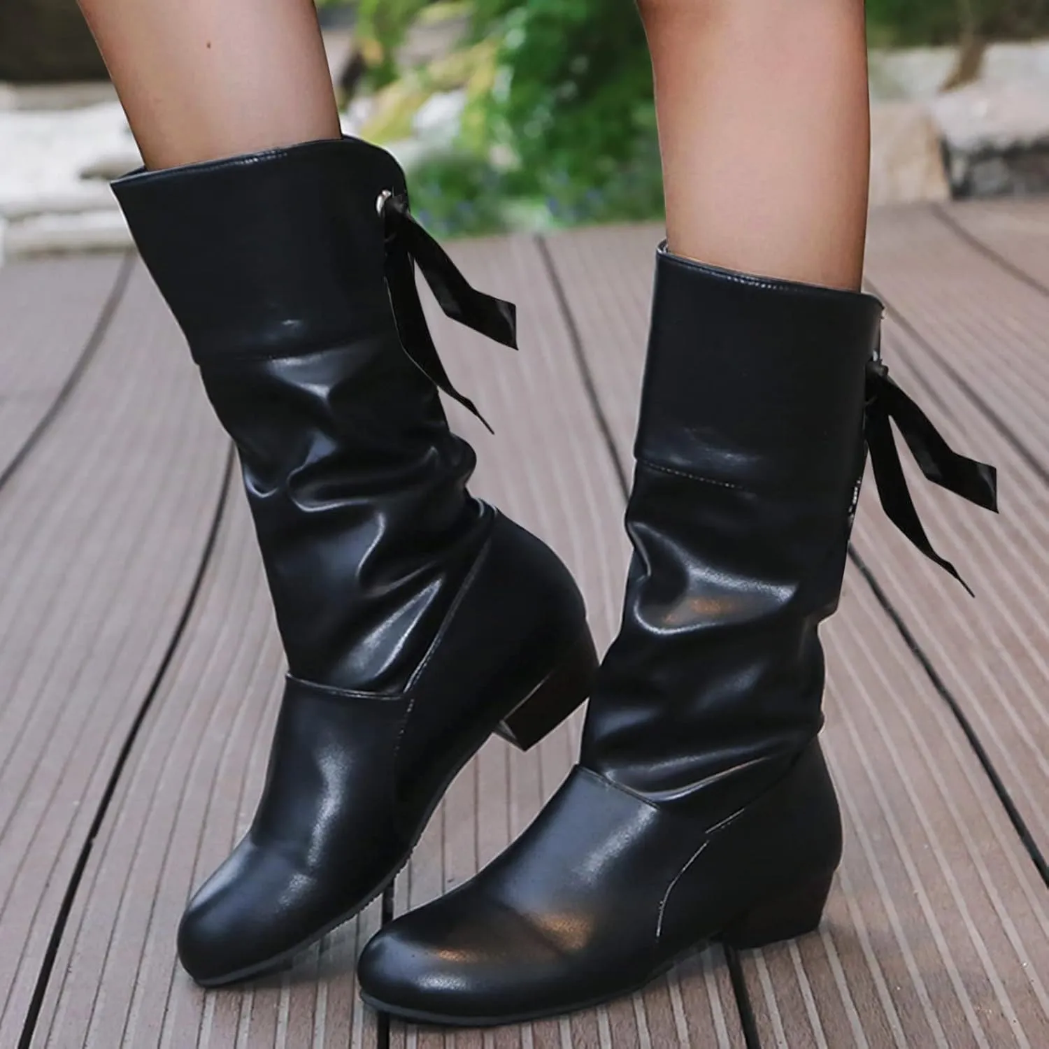 SBGMoSJ Extra Wide Calf Western Boots Wide Calf Boots for Women Leather Black Western Boots for Woman Womens Black Lace Up Ankle Boots Low Heel Mid Calf Boots for Women Low Heel Comfortable