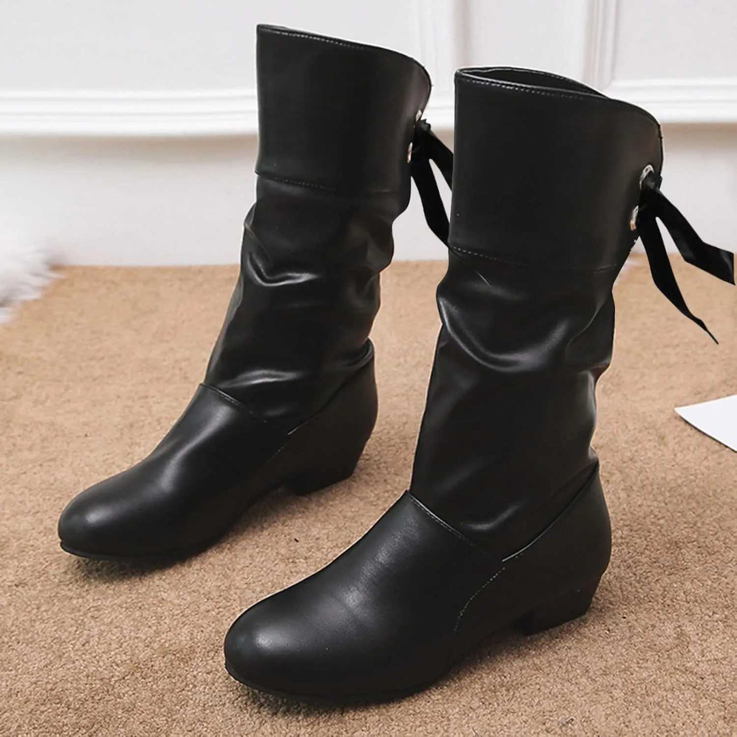SBGMoSJ Extra Wide Calf Western Boots Wide Calf Boots for Women Leather Black Western Boots for Woman Womens Black Lace Up Ankle Boots Low Heel Mid Calf Boots for Women Low Heel Comfortable