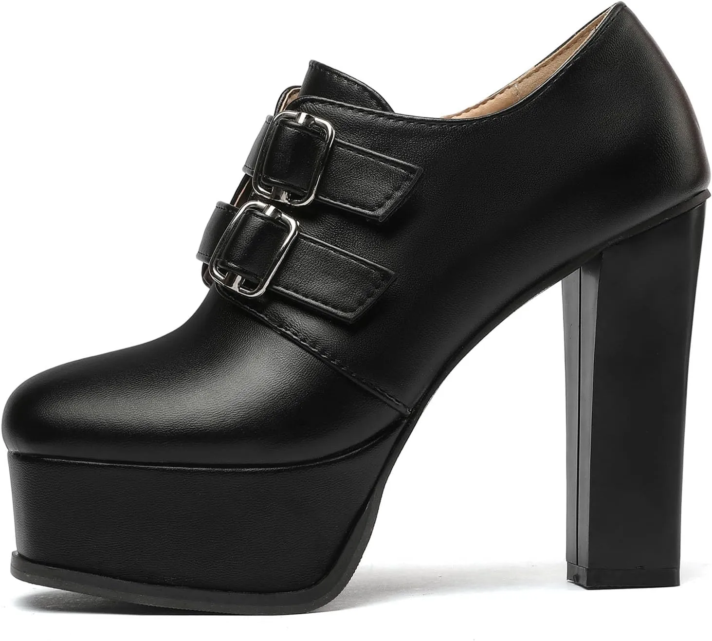 SHEMEE Women's Super High Heel Platform Pumps Block Chunky Heels Ankle Booties Buckle Pull On Dress Shoes