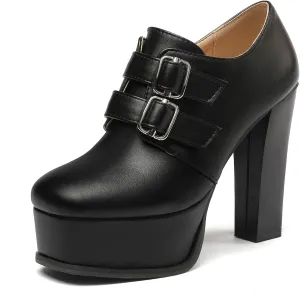 SHEMEE Women's Super High Heel Platform Pumps Block Chunky Heels Ankle Booties Buckle Pull On Dress Shoes