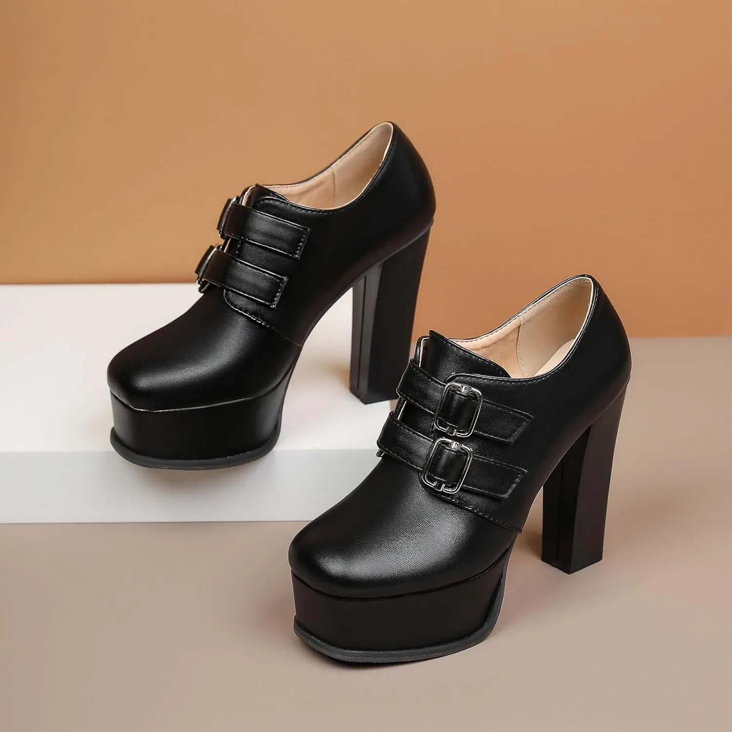 SHEMEE Women's Super High Heel Platform Pumps Block Chunky Heels Ankle Booties Buckle Pull On Dress Shoes