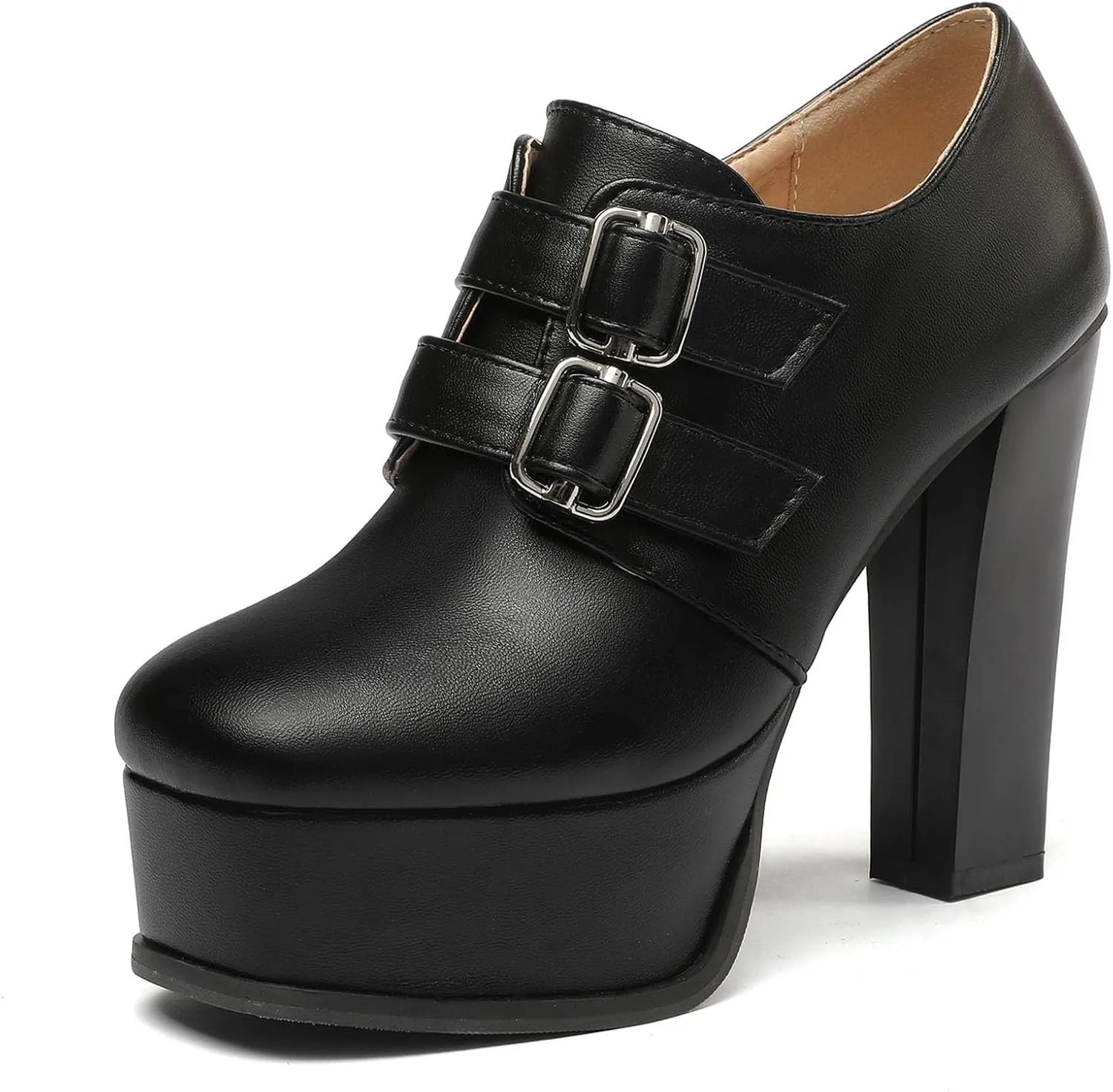 SHEMEE Women's Super High Heel Platform Pumps Block Chunky Heels Ankle Booties Buckle Pull On Dress Shoes