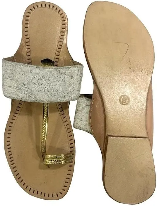 Shoe Bazar Ladies Designer Kolhapuri Chappal for Women Ethnic Sandals Beaded Mojari Flat Tribal Jutti