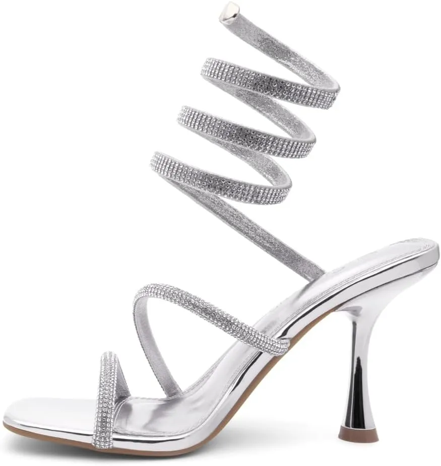 Shoe Land Charming2 Women's Rhinestone Heels, Square Open Toe High Stilettos with Spiral Ankle Wrap Strap – Coil Spiral High Heeled Crystal Dress Sandals for Party