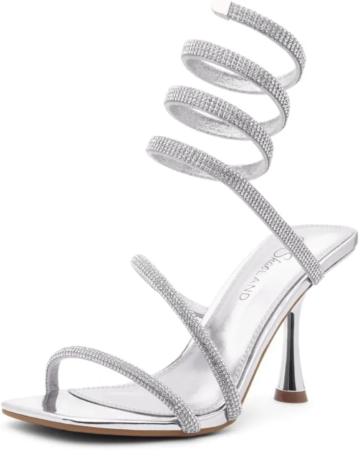 Shoe Land Charming2 Women's Rhinestone Heels, Square Open Toe High Stilettos with Spiral Ankle Wrap Strap – Coil Spiral High Heeled Crystal Dress Sandals for Party