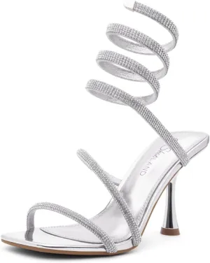 Shoe Land Charming2 Women's Rhinestone Heels, Square Open Toe High Stilettos with Spiral Ankle Wrap Strap – Coil Spiral High Heeled Crystal Dress Sandals for Party
