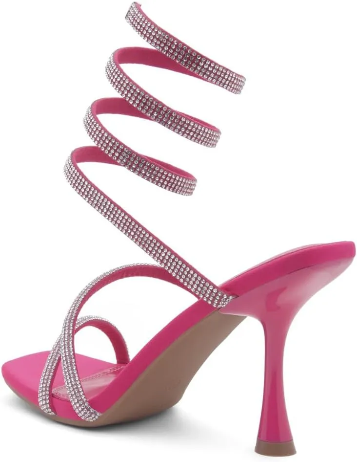 Shoe Land Charming2 Women's Rhinestone Heels, Square Open Toe High Stilettos with Spiral Ankle Wrap Strap – Coil Spiral High Heeled Crystal Dress Sandals for Party