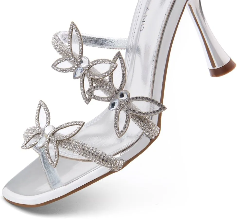 Shoe Land Charming2 Women's Rhinestone Heels, Square Open Toe High Stilettos with Spiral Ankle Wrap Strap – Coil Spiral High Heeled Crystal Dress Sandals for Party