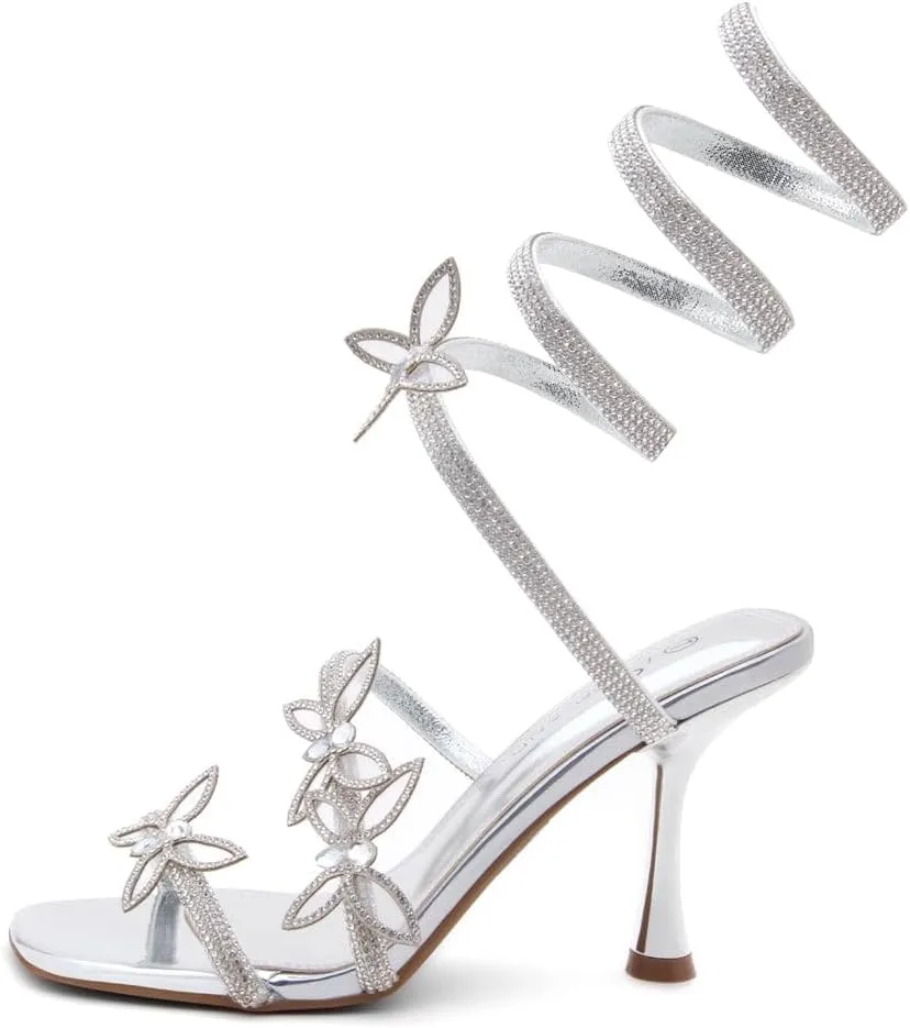 Shoe Land Charming2 Women's Rhinestone Heels, Square Open Toe High Stilettos with Spiral Ankle Wrap Strap – Coil Spiral High Heeled Crystal Dress Sandals for Party