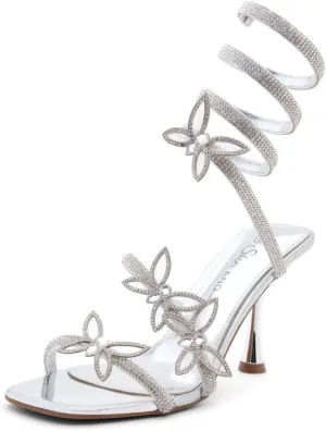 Shoe Land Charming2 Women's Rhinestone Heels, Square Open Toe High Stilettos with Spiral Ankle Wrap Strap – Coil Spiral High Heeled Crystal Dress Sandals for Party