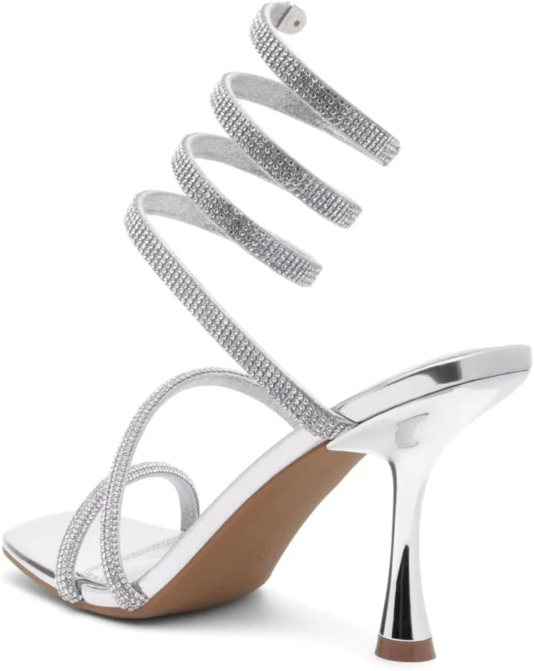 Shoe Land Charming2 Women's Rhinestone Heels, Square Open Toe High Stilettos with Spiral Ankle Wrap Strap – Coil Spiral High Heeled Crystal Dress Sandals for Party