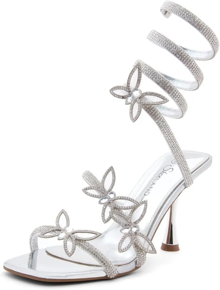 Shoe Land Charming2 Women's Rhinestone Heels, Square Open Toe High Stilettos with Spiral Ankle Wrap Strap – Coil Spiral High Heeled Crystal Dress Sandals for Party