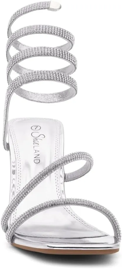 Shoe Land Charming2 Women's Rhinestone Heels, Square Open Toe High Stilettos with Spiral Ankle Wrap Strap – Coil Spiral High Heeled Crystal Dress Sandals for Party