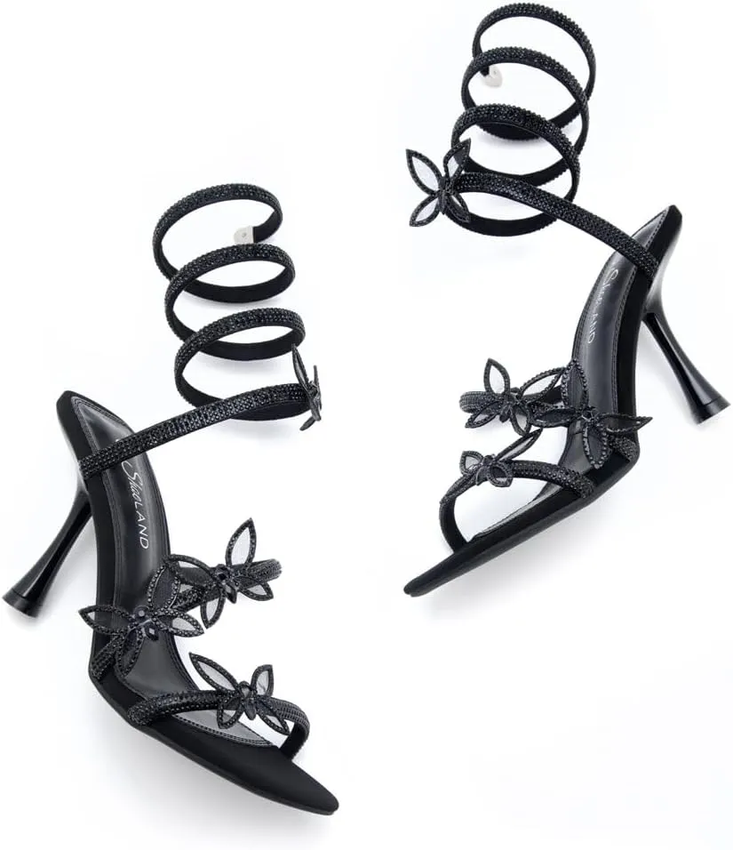 Shoe Land Charming2 Women's Rhinestone Heels, Square Open Toe High Stilettos with Spiral Ankle Wrap Strap – Coil Spiral High Heeled Crystal Dress Sandals for Party