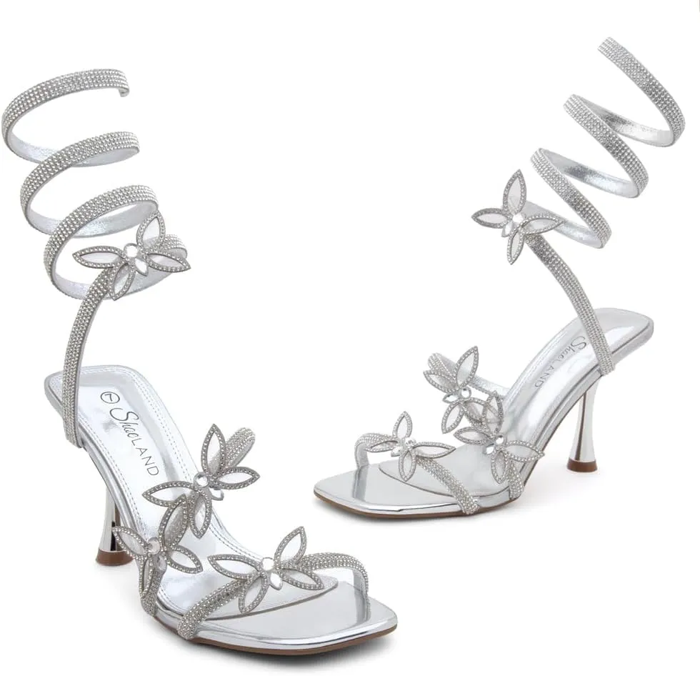 Shoe Land Charming2 Women's Rhinestone Heels, Square Open Toe High Stilettos with Spiral Ankle Wrap Strap – Coil Spiral High Heeled Crystal Dress Sandals for Party