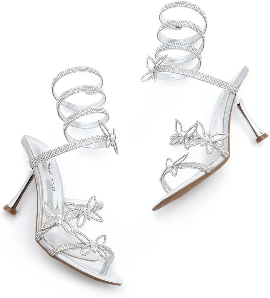 Shoe Land Charming2 Women's Rhinestone Heels, Square Open Toe High Stilettos with Spiral Ankle Wrap Strap – Coil Spiral High Heeled Crystal Dress Sandals for Party