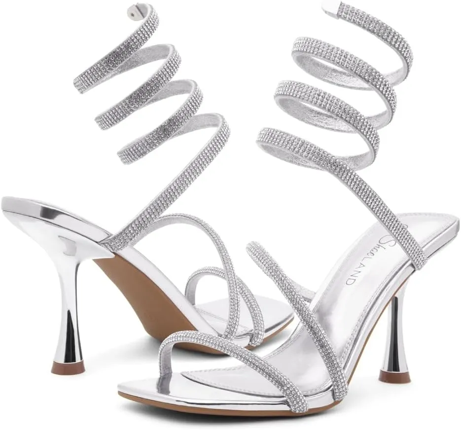 Shoe Land Charming2 Women's Rhinestone Heels, Square Open Toe High Stilettos with Spiral Ankle Wrap Strap – Coil Spiral High Heeled Crystal Dress Sandals for Party